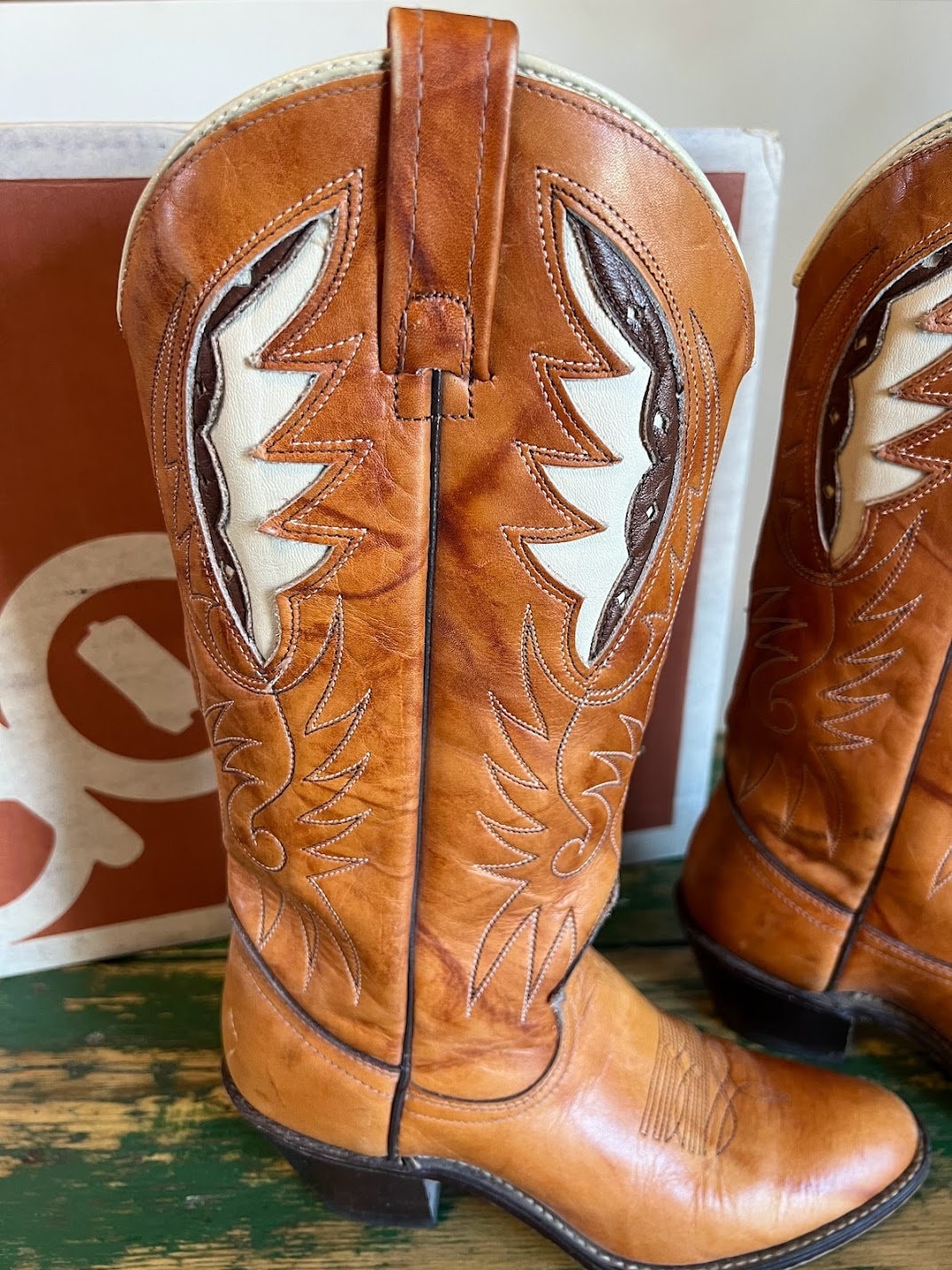 Vintage Acme Cowboy Boots in Original Box, Women's 6, Tan W Brown