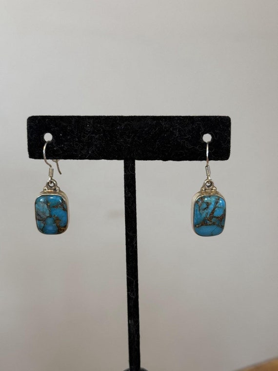 Turquoise Rectangle Stone Earrings we/ Sterling S… - image 1