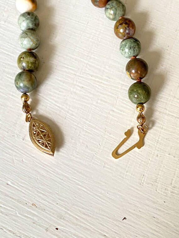 Long Jasper Necklace Green/Brown/White, Round Bea… - image 4