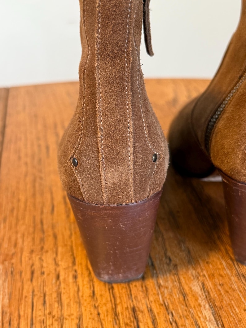 May include: Close-up of a pair of brown suede ankle boots. The boots have a stacked heel and a zipper on the side. The suede is a warm, earthy tone, and the stitching details add texture.