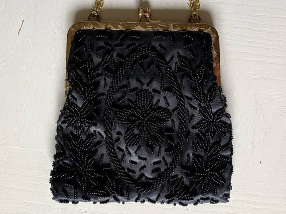 Satin & Beaded Purse, Antique Clam Shell Hand Bag… - image 1
