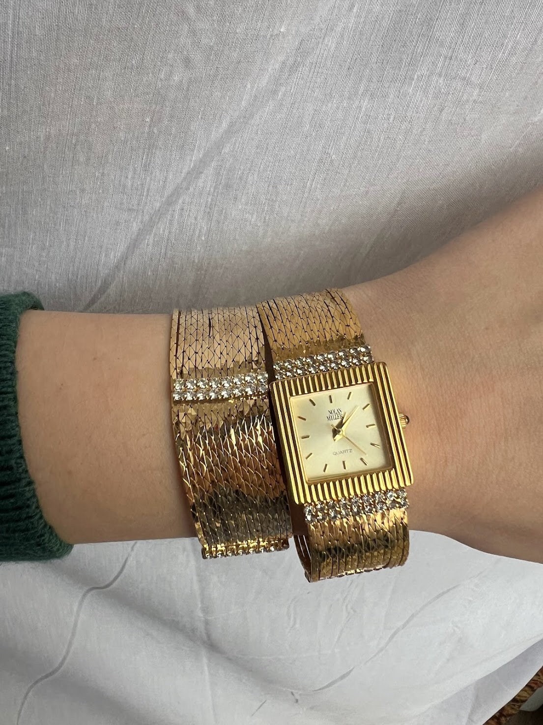 Rare Nolan Miller Star Luster Liquid Gold Watch & Bracelet 2 Piece Set, Vintage Designer Costume Jewelry for Women, Gold Toned, Rhinestones