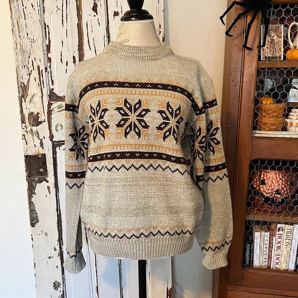 Vintage Unisex Fair Isle Sweater by Silton California, Grey/Brown/Tan, Stars & Stripes, Men's M - Women's L? Winter Fashion, Acrylic Knit