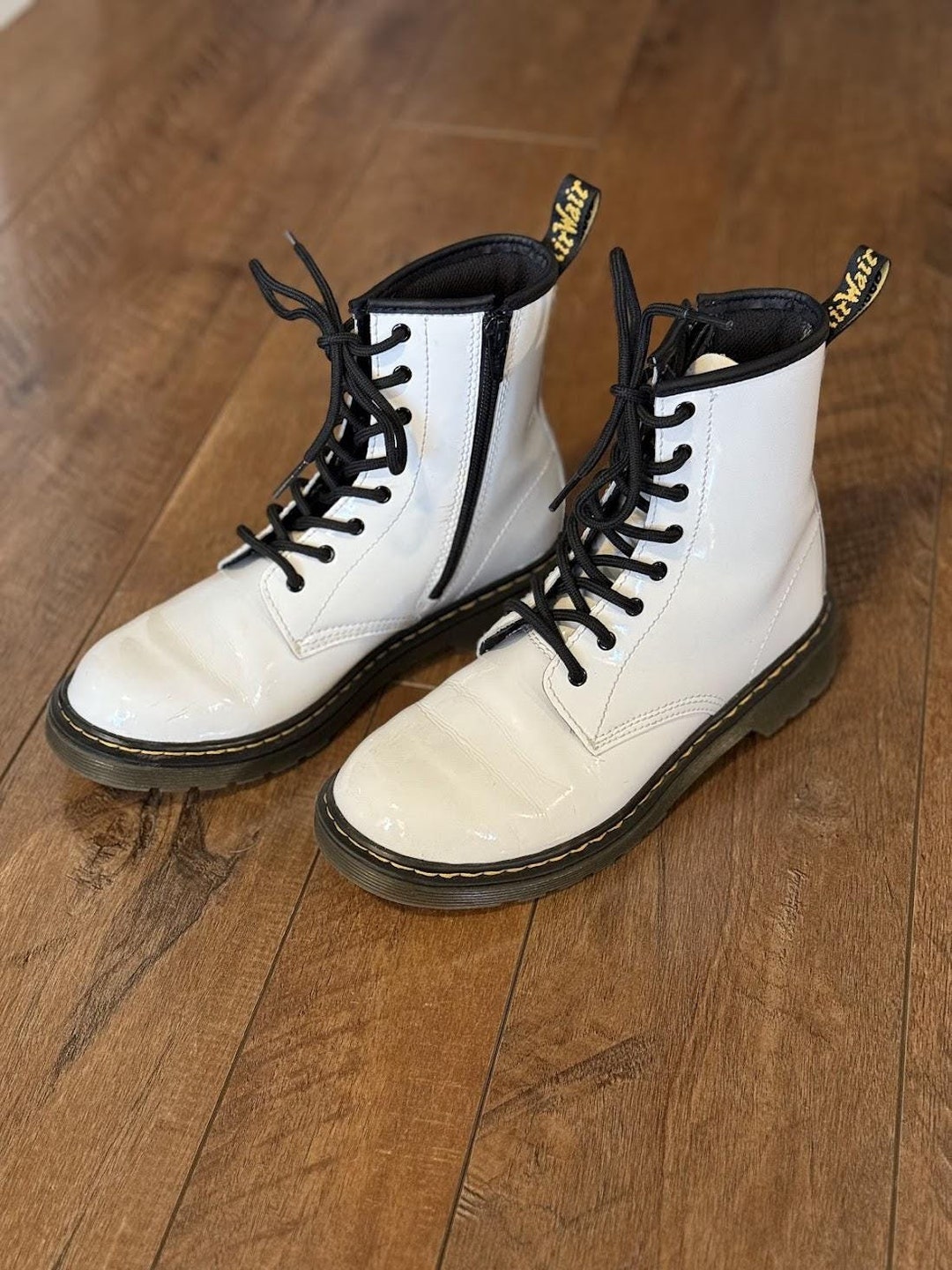 Dr Marten's Air Ware Shiny White Leather Boots, Zipper Laces