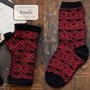 May include: A pair of red and black knit socks and fingerless gloves with a bat pattern. The socks are ankle-high and the gloves are fingerless. The text "GOING BATTY Bundle LADYLAMB.ORG" is printed on a white background.