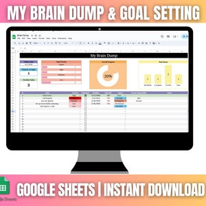 Könnte beinhalten: Eine Google Sheets-Tabelle mit einer Brain-Dump- und Zielsetzungsvorlage. Die Tabelle enthält Abschnitte für die Priorität von Aufgaben, den Status von Aufgaben und den Gesamtfortschritt. Die Tabelle ist zu 20% abgeschlossen.
