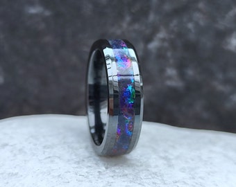 Omega Nebula Ring, Ceramic Outer Space Ring, 6mm Comfort Fit, Black Space Themed Ring With Iridescent Composite Inlay, Ring Box Included