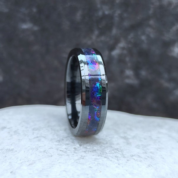 Omega Nebula Ring, Ceramic Outer Space Ring, 6mm Comfort Fit, Black Space Themed Ring With Iridescent Composite Inlay, Ring Box Included