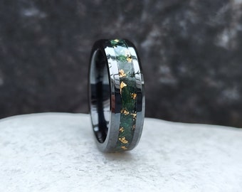 Moss Agate Glowstone Ring: Black Ceramic Band With Gold Leaf