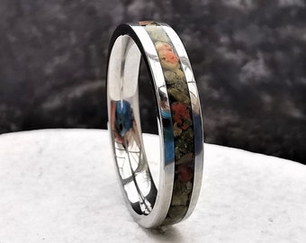 Unakite Stainless Steel Ring: Modern Stacking Band, 4mm