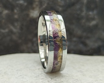 Ametrine Effect Stainless Steel Ring: Amethyst & Citrine Inlay