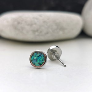 Opal Stud Earrings in Stainless Steel, 8mm Lab Grown Opal, Comfort Silicon Back