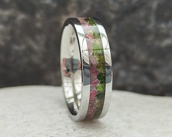 Watermelon Tourmaline Stainless Steel Ring: Pink & Green Inlay
