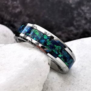 Men's Blue Opal Tungsten Ring, Handcrafted Opal Inlay - Royal Peacock