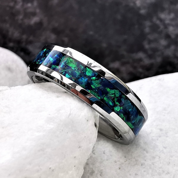 Herrring med blå opal och volfram, handgjord opalinläggning - Royal Peacock