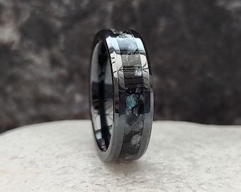 Meteorite Ring, Black Ceramic Ring With Labradorite, Obsidian And Tektite, Exotic Wedding Band, Gemstone Ring, Engagement Ring With Box