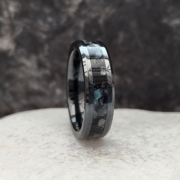 Meteorite Ring, Black Ceramic Ring With Labradorite, Obsidian And Tektite, Exotic Wedding Band, Gemstone Ring, Engagement Ring With Box