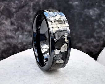 Dinosaur Fossil Ring: Meteorite, Shark Tooth, Black Ceramic Band