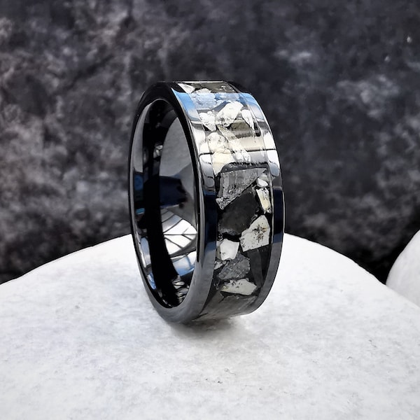 Dinosaur Fossil Ring, Unique Mens Wedding Band With Meteorite, Fossil Shark Teeth And Dinosaur Teeth. 8mm Black Ceramic Ring With Thin Bezel