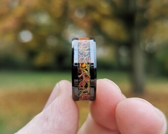 Autumn Fire Black Ceramic Ring: Opal, Vanadinite, Miniature Trees