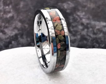Unakite Gemstone Tungsten Carbide Ring: 'Aphrodite' 6mm Band