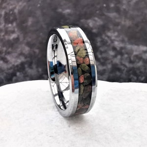 Unakite Tungsten Carbide Ring, Unakite 6mm band, Gemstone Ring With Gift Box, Crystal Healing Jewellery With Genuine Natural Gemstones.