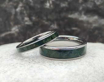 Forest Moss Agate Ring Set, His and Hers Wedding Band, Tungsten Ring Set, Natural Superior Grade Gemstones, Nature Boho Theme Wedding Rings