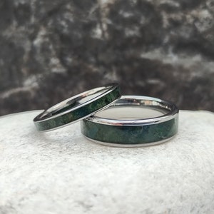 Forest Moss Agate Ring Set, His and Hers Wedding Band, Tungsten Ring Set, Natural Superior Grade Gemstones, Nature Boho Theme Wedding Rings