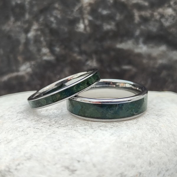 Conjunto de anillos de ágata de musgo del bosque, alianza para él y para ella, conjunto de anillos de tungsteno, piedras preciosas naturales de grado superior, anillos de boda con tema boho de la naturaleza