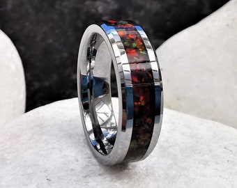 Red Opal Tungsten Ring: 'Fawkes' 6mm Men's Promise Band