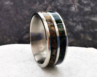 Tiger Eye Ring, Titanium Ring With Black Opal And Gemstone, 8mm Dual Channel Titanium Ring With Ring Box, Unique Gemstone Jewellery For Him