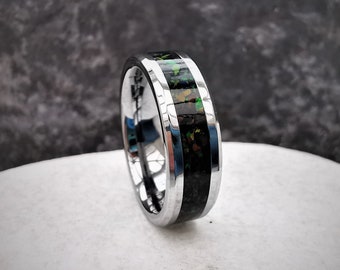 Black Fire Opal Tungsten Men's Ring, Wedding Band with Ring Box