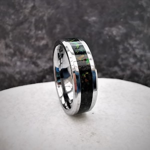 Black Fire Opal Tungsten Men's Ring, Wedding Band with Ring Box