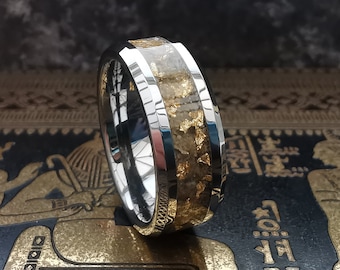 Egyptian Tungsten Carbide Ring: Pyramid Sand, Gold, Libyan Desert Glass