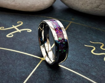 February Birthstone Ring, Amethyst And Purple Opal Stainless Steel 6mm With Ring Box, Stackable Birthstone Ring With Complimenting Opals