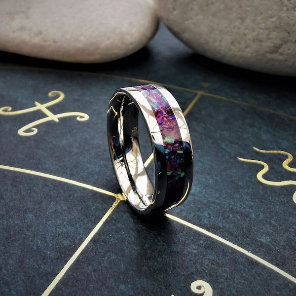 Bague de naissance de février, améthyste et opale violette en acier inoxydable 6 mm avec boîte à bagues, bague de naissance empilable avec des opales complémentaires