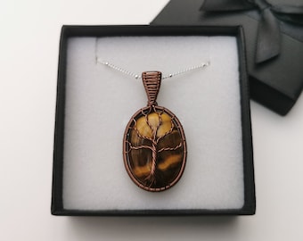 TIGERS EYE Amulet Necklace Tree Of Life Copper 925 Satellite Chain 9th Wedding Anniversary Zodiac Gemini Birthstone July August Pendant Gift