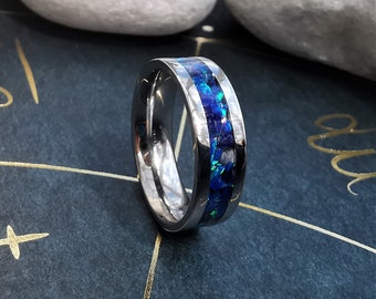 September Birthstone Ring, Lapis Lazuli And Blue Opal Stainless Steel 6mm With Ring Box, Stackable Birthstone Ring With Complimenting Opals