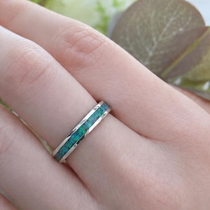 Blue Opal Stainless Steel Ring, Silver Opal Inlay Band - The Tiffany
