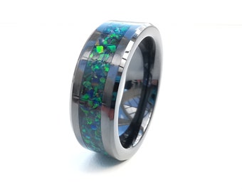 Black Ceramic Men's Ring: Multi-Colour Opal Inlay, 8mm Wedding Band