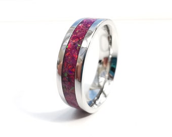 Magenta Opal Ring: Stainless Steel Band, Modern Stacking Ring