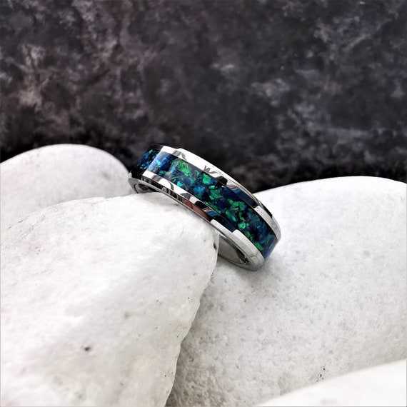 Men's Blue Opal Tungsten Ring, Handcrafted Opal Inlay - Royal Peacock