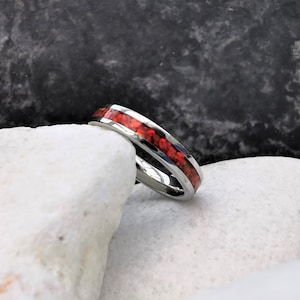 Red opal ring, silver stacking ring 4mm stainless steel band with ring box