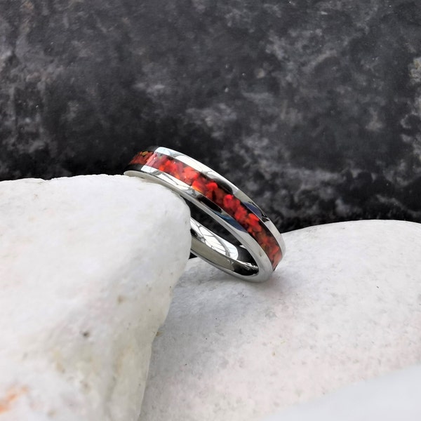 Red Opal Stainless Steel Ring: 'The Ruby' Stacking Band