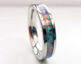 Opal ring, pastel multi-coloured opal band, 4mm stainless steel ring, stacking modern friendship ring