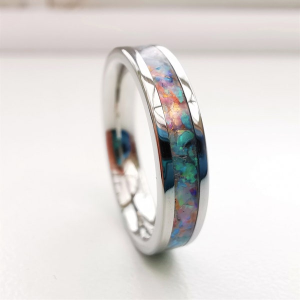 Opal ring, pastel multi-coloured opal band, 4mm stainless steel ring, stacking modern friendship ring