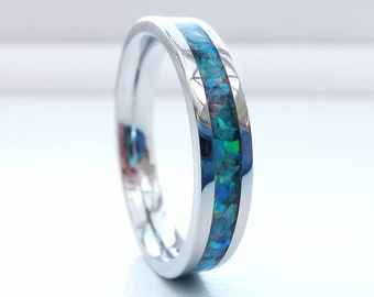 Blue Opal Stainless Steel Ring: Modern Stacking Band