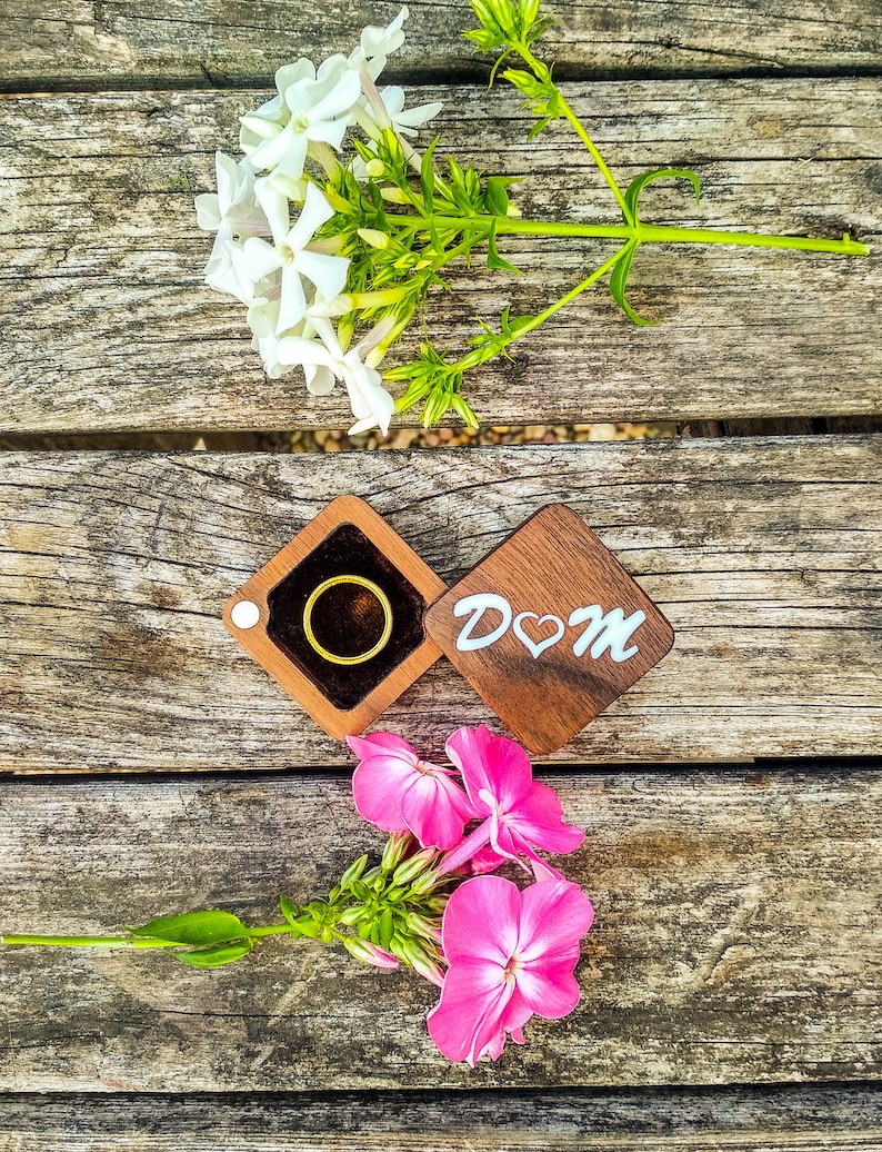 \u0421ustom Walnut Ring Box Personalized wooden Ring Box Slim Square Ring Box Rustic Ring Box Ring Holder Handmade Unique Wedding Box