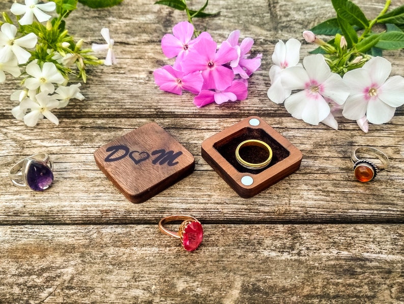 \u0421ustom Walnut Ring Box Personalized wooden Ring Box Slim Square Ring Box Rustic Ring Box Ring Holder Handmade Unique Wedding Box