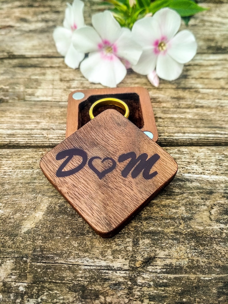 \u0421ustom Walnut Ring Box Personalized wooden Ring Box Slim Square Ring Box Rustic Ring Box Ring Holder Handmade Unique Wedding Box
